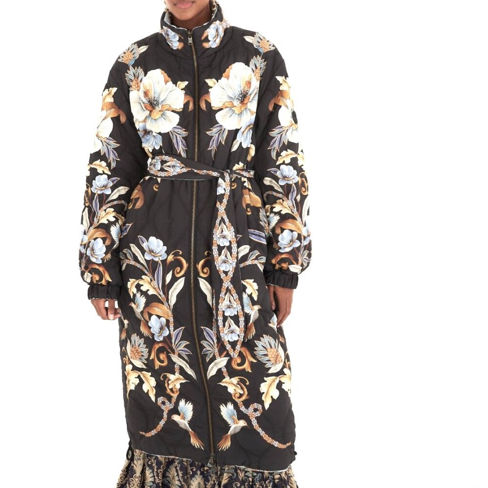 FARM Rio Black Flowerful Snake Garden Reversible Maxi Puffer Jacket